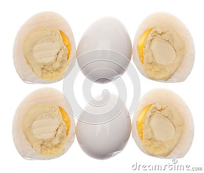 Set of Whole and Sliced Boiled Quail Eggs Stock Photo