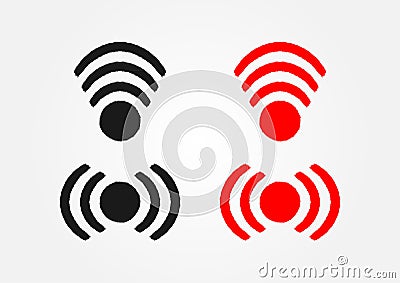 Set of wi-fi icons drawn by hand with rough brush. Black and red isolated symbols. Vector Illustration