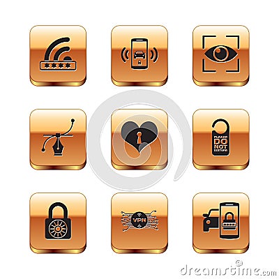 Set Wifi locked, Safe combination wheel, VPN with microchip circuit, Heart keyhole, Bezier curve and Eye scan icon Vector Illustration