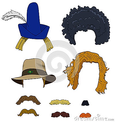 Set of wigs with hats and moustaches Stock Photo