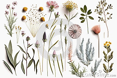 Set of wild flowers, flowering grass, natural field plants, color floral elements, flat lay Stock Photo