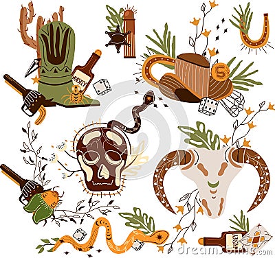 Set Wild west composition with cowboy hat, playing cards, an skull, a mystical snake, dice, gun and other. Further Old Vector Illustration