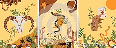 Set a Wild West poster with an animal skull, a mystical snake around the moon, a cowboy hat, a gun, a hand holding a Vector Illustration