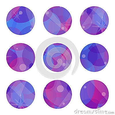 Set of wind isolated icons on a white background. Circles with various geometric decorations in lilac and violet tones Stock Photo