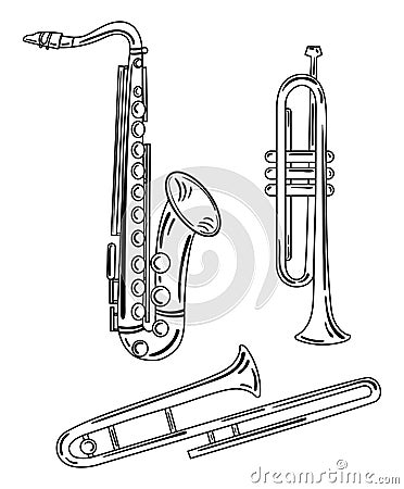 A set of wind musical instruments. Collection of musical pipes. Brass musical instruments. Black and white vector Vector Illustration