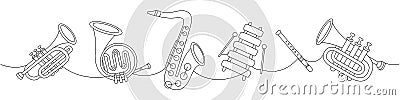 Set of wind musical instruments. Tuba, trumpet, french horn, saxophone, wooden xylophone, flute continuous one line Cartoon Illustration