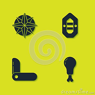 Set Wind rose, Chicken leg, Swiss army knife and Rafting boat icon. Vector Vector Illustration