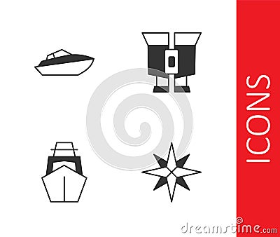 Set Wind rose, Speedboat, Yacht sailboat and Binoculars icon. Vector Vector Illustration