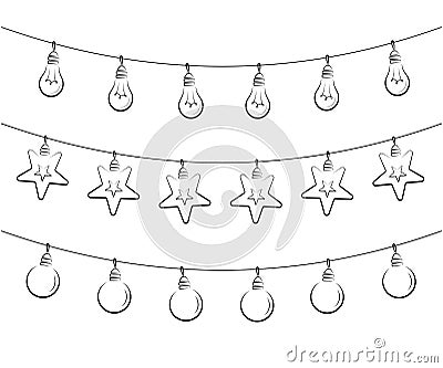 set of window and wall decorative elements, bulb, ball and star garland, black filled line vector decoration, string of Vector Illustration