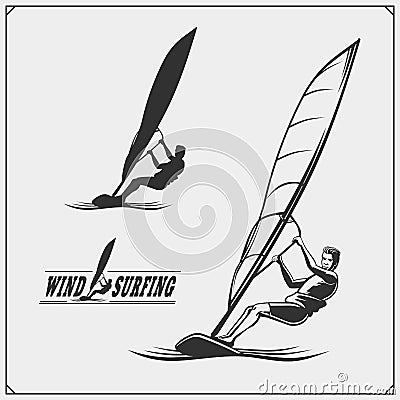 Set of windsurfing emblems, labels and badges. Surf design elements. Vector Illustration