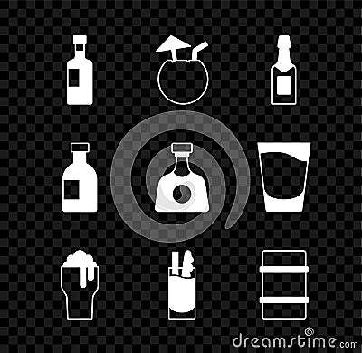 Set Wine bottle, Coconut cocktail, Champagne, Glass of beer, Cocktail Bloody Mary, Metal keg, vodka and Tequila icon Stock Photo