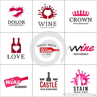 Set of wine bottle glass logo. Original winery Vector Illustration