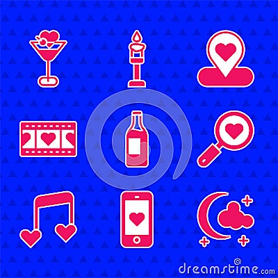 Set Wine bottle, Mobile with heart, Moon and stars, Search love, Music note, tone hearts, Play Video, Location and Stock Photo