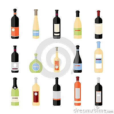 Set of wine bottles in flat. flat wine bottles. Different kinds of wine bottles. Vector Illustration