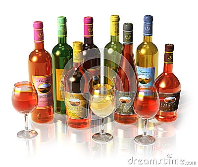 Set of wine and cognac bottles and goblets Stock Photo