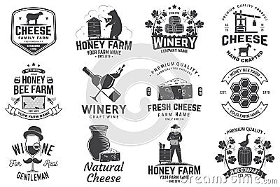 Set of wine company, cheese family, honey bee farm badge design. Template for logo, branding design with block cheese Vector Illustration