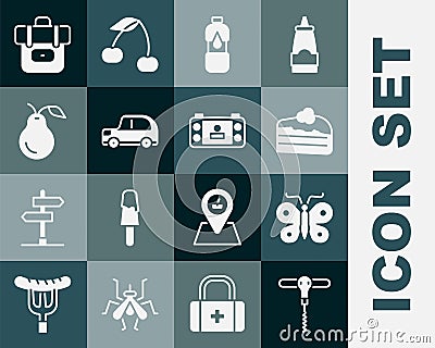 Set Wine corkscrew, Butterfly, Piece of cake, Bottle water, Car, Pear, Hiking backpack and Portable video game console Stock Photo