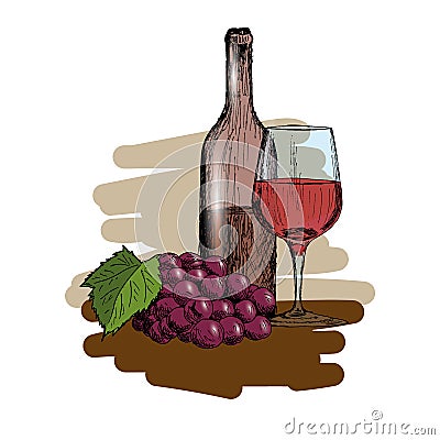 A set of wine. A glass, a bottle and a bunch of grapes Vintage Hand Drawn Sketch Vector illustration. Cartoon Illustration