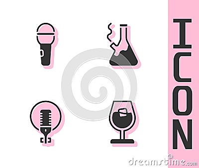 Set Wine glass, Microphone, and Glass bong for smoking marijuana icon. Vector Vector Illustration