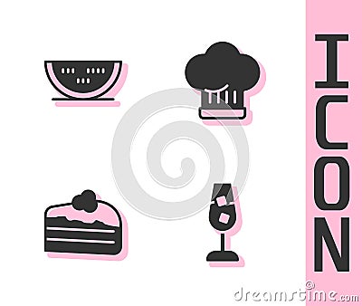 Set Wine glass, Watermelon, Piece of cake and Chef hat icon. Vector Stock Photo
