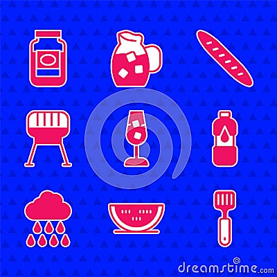 Set Wine glass, Watermelon, Spatula, Bottle of water, Cloud with rain, Barbecue grill, French baguette bread and Jam jar Stock Photo