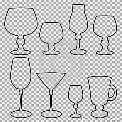 Set of wine glasses balck silhouette. Vector Illustration