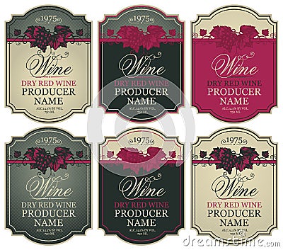 Set of wine labels with bunches of grapes Vector Illustration