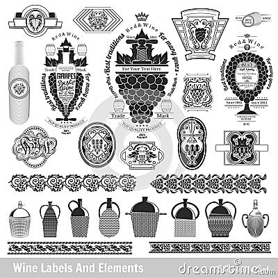 Set of wine labels. collection isolated black on white Vector Illustration