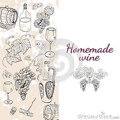 Set of wine product elements.Hand drawn sketch objects in retro style. Vector Illustration