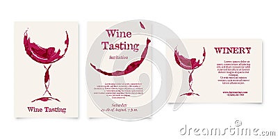Set of Wine testing and Winery card in shape of wineglass, bottle stain Vector Illustration