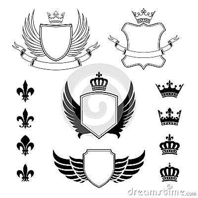 Set of winged shields - coat of arms - heraldic design elements, fleur de lis and royal crowns Vector Illustration