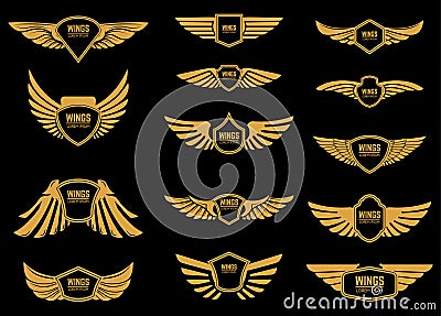 Set of wings icons in golden style. Design elements for logo, label, emblem, sign. Vector Illustration