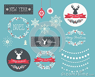 Set of Winter Christmas icons, elements and illustrations. Vector Illustration