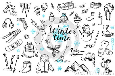 Set of hand drawn winter doodles Vector Illustration