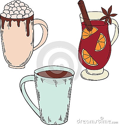 Set of winter drinks. Cocoa and mulled wine Vector Illustration