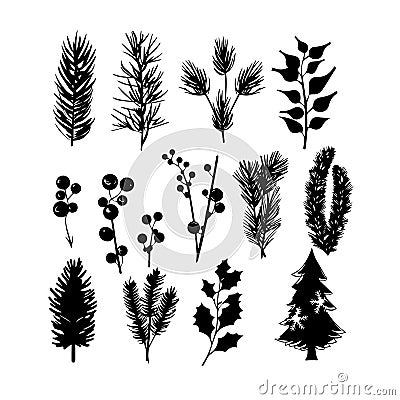 detailed collection of winter foliage silhouettes featuring holly, pinecones, berries, and trees. Ideal for Christmas and winter- Stock Photo