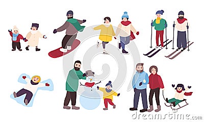 Set of winter games. Different people entertainment in winter sports. Friends, couples with children skate, ski Vector Illustration