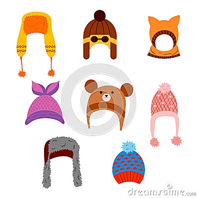 A set of winter hats of different shapes with a pattern. vector isolated on a white background Vector Illustration