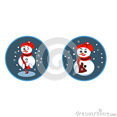 Set of winter holidays snowman. Cheerful snowmen in different costumes. Snowman chef, magician, snowman with candy and Vector Illustration
