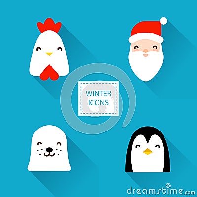 Set of winter icons with Christmas characters: rooster, Santa, sea calf and penguin. Flat design. Vector illustration Vector Illustration