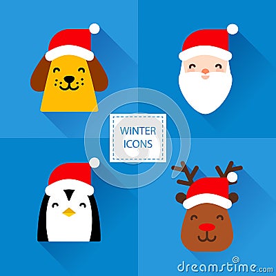 Set of winter icons with Christmas characters: yellow dog, Santa, penguin and deer. Flat design. Vector Vector Illustration