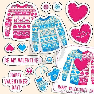 Set of winter love stickers with owl and heart. Sweater, mittens Vector Illustration