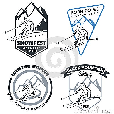 Set of winter mountain ski emblems, badges and icons. Vector Illustration