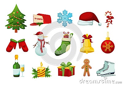 Set winter objects for celebration of new year, Merry Christmas. Vector Illustration