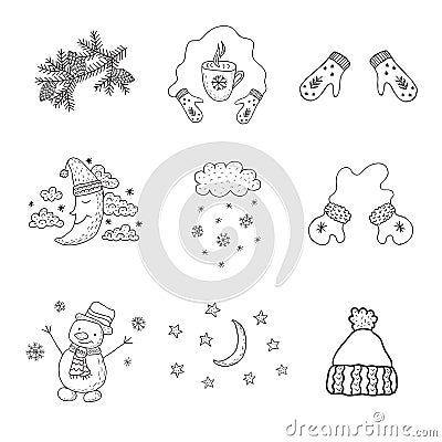 Set of winter objects. Nursery art. Minimalist scandinavian style. Vector Illustration