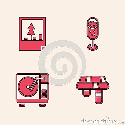 Set Winter scarf, Christmas postcard, Glass of champagne and Vinyl player with vinyl disk icon. Vector Vector Illustration