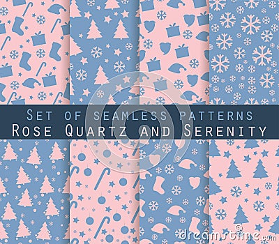 Set of winter seamless patterns. Rose quartz and serenity violet Vector Illustration