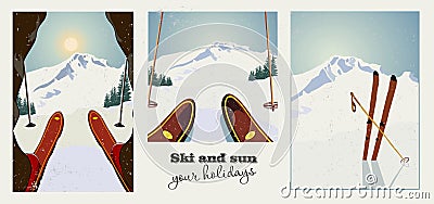 Set of winter ski vintage posters. Skier getting ready to descend the mountain. Winter background. Vector Illustration