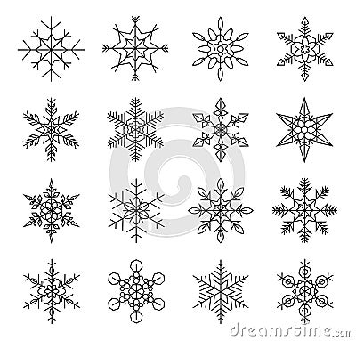 Set of winter snowflakes, silhouette black isolated on white background. Ideal for christmas design cards Vector Illustration