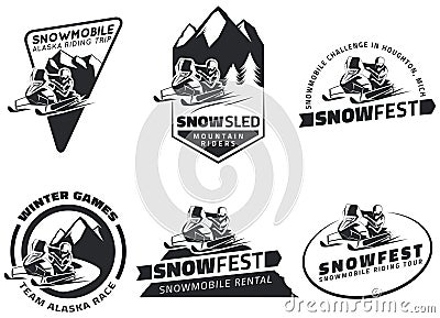 Set of winter snowmobile emblems, badges and icons. Vector Illustration